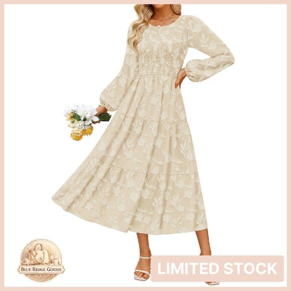 Boho Floral Midi Dress Elegant Long Sleeve Crewneck Flowy Wedding Guest Boho Floral Midi Dress Elegant Long Sleeve Crewneck Flowy Wedding Guest